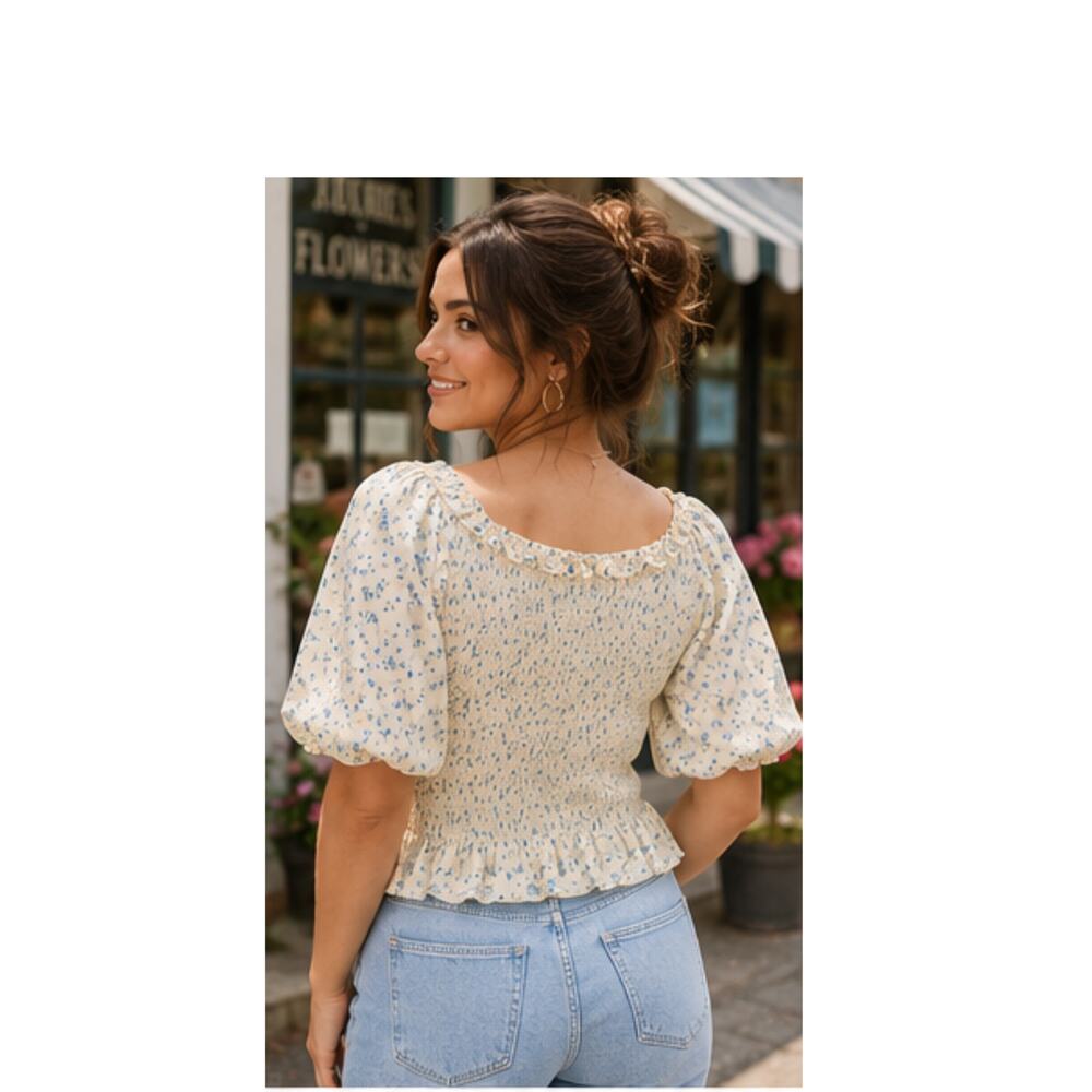 Arula x Favorite Sister Blouse Cream Blue Puff Sleeve Size XL Prairie Farmhouse - Picture 2 of 15
